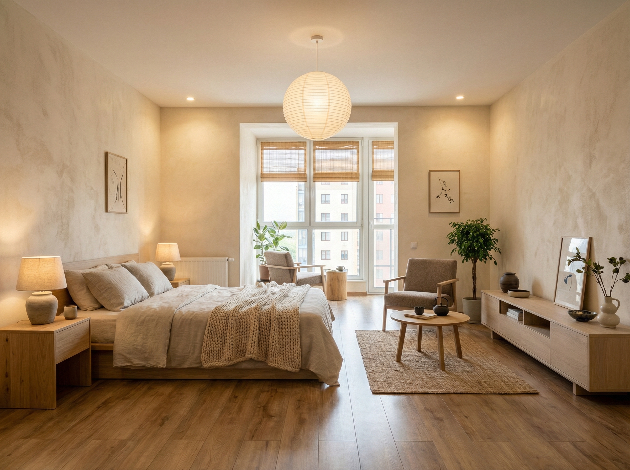 Дизайн спальни в стиле Japandi — фото интерьера от нейросети RoomGPT