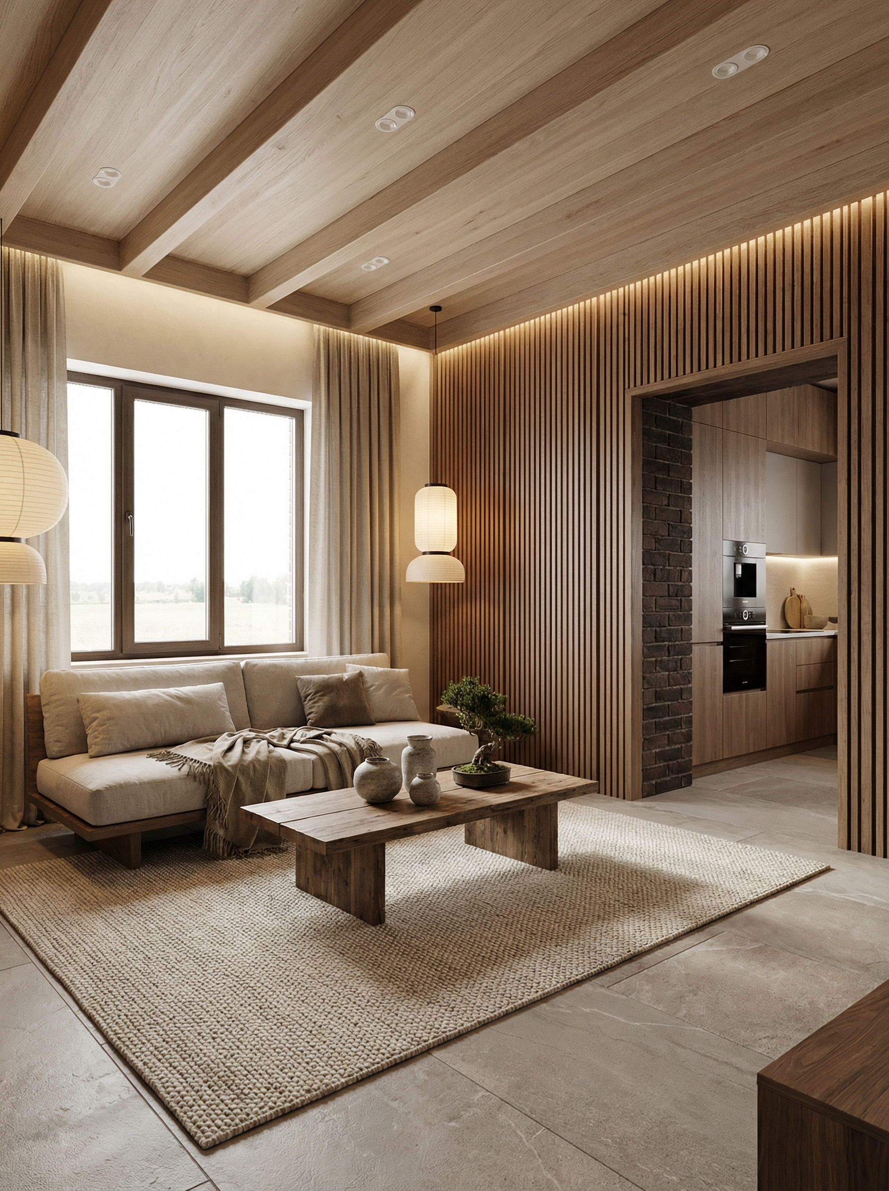 Дизайн гостиной в стиле Japandi — фото интерьера от нейросети RoomGPT