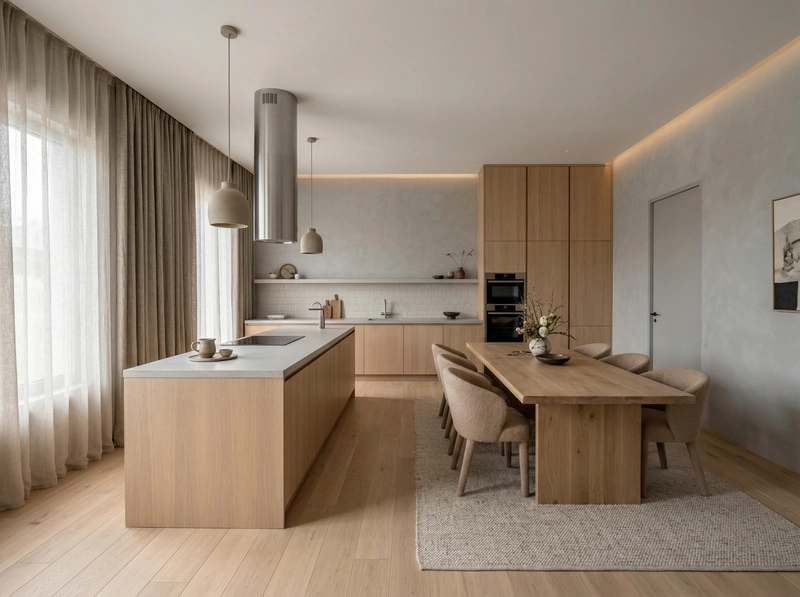 Дизайн кухни в стиле Japandi — фото интерьера от нейросети RoomGPT