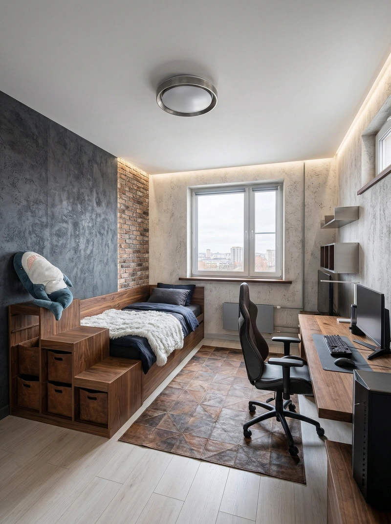 Дизайн спальни в стиле Лофт — фото интерьера от нейросети RoomGPT