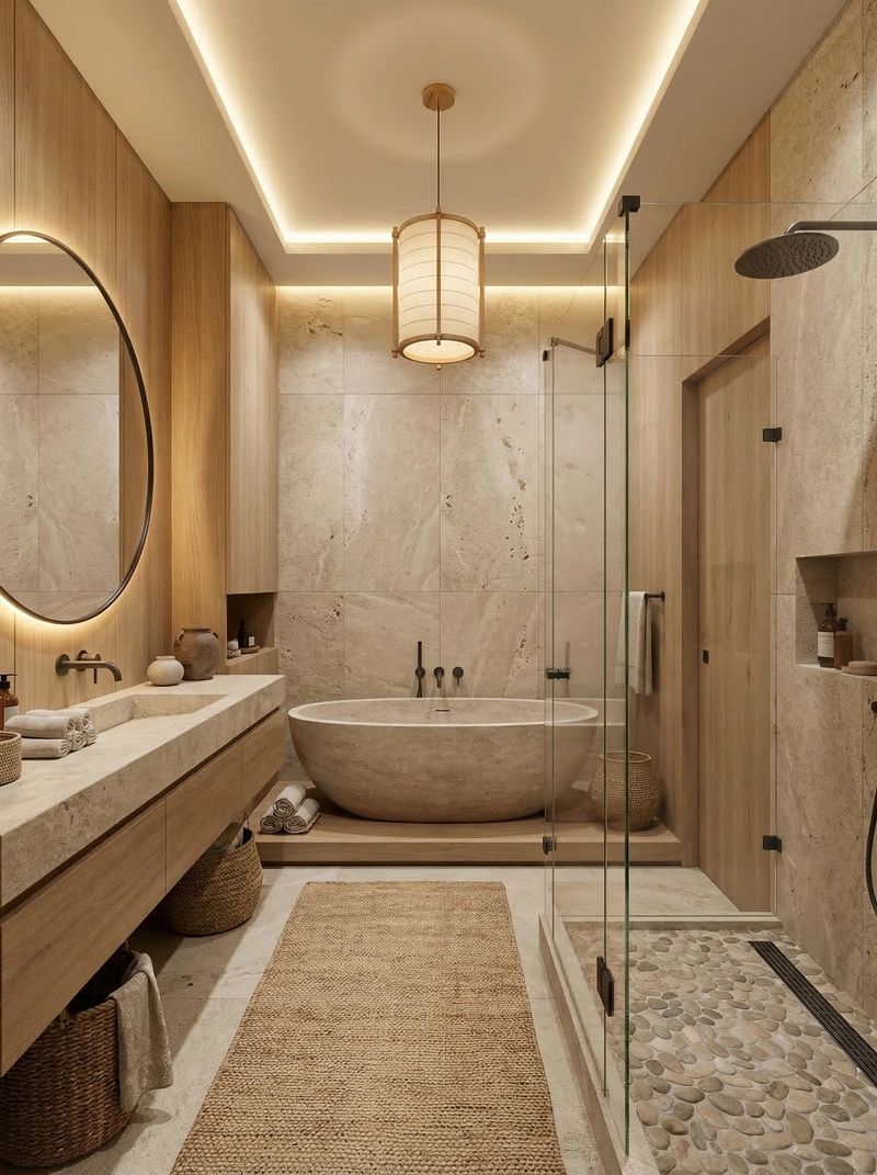 Дизайн ванной в стиле Japandi — фото интерьера от нейросети RoomGPT