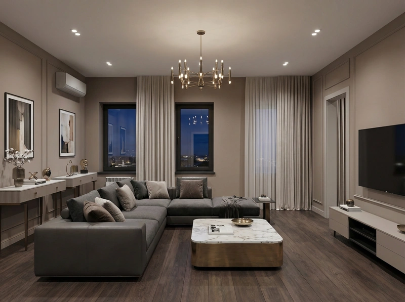 Дизайн интерьера в стиле Контемпорари — Гостиная от нейросети RoomGPT