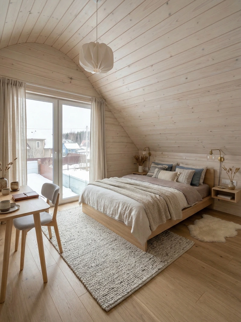 Дизайн спальни в стиле Хюгге — фото интерьера от нейросети RoomGPT