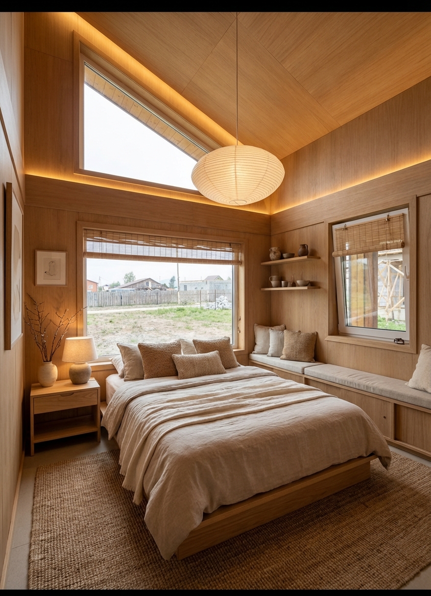 Дизайн спальни в стиле Japandi — фото интерьера от нейросети RoomGPT