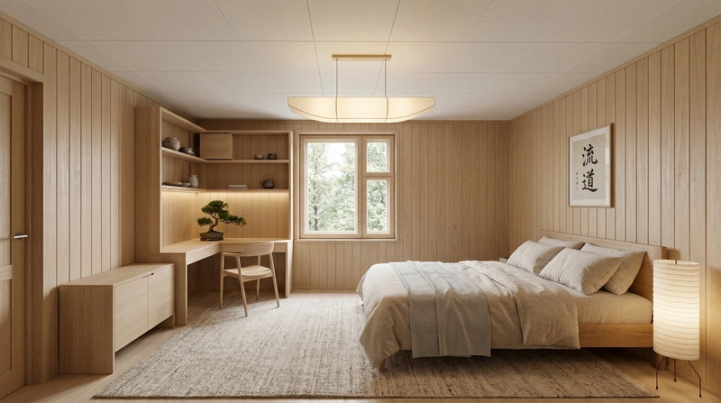 Дизайн спальни в стиле Japandi — фото интерьера от нейросети RoomGPT