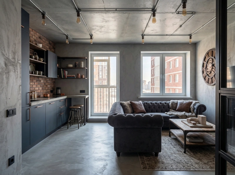 Дизайн гостиной в стиле Лофт — фото интерьера от нейросети RoomGPT