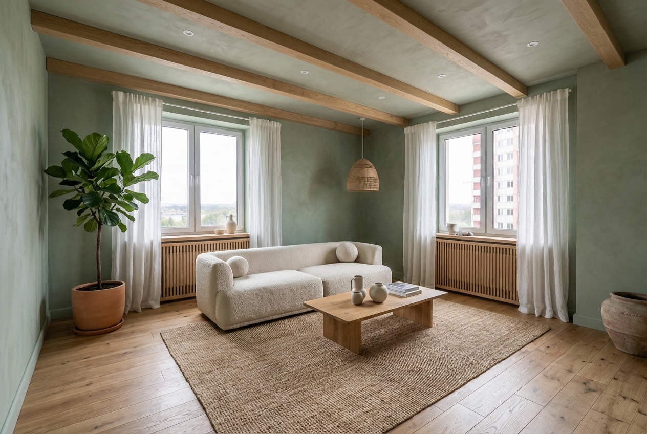 Дизайн гостиной в стиле Japandi — фото интерьера от нейросети RoomGPT