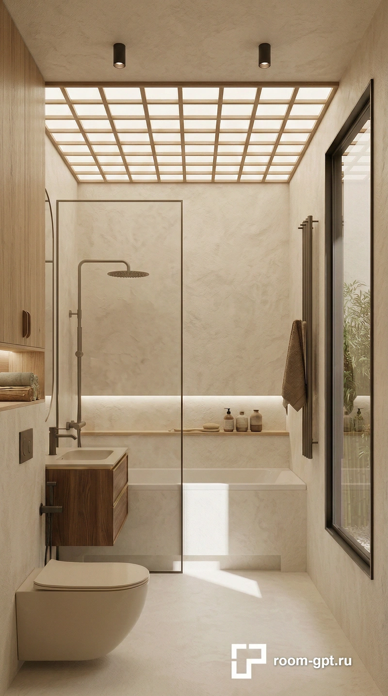 Дизайн ванной в стиле Japandi — фото интерьера от нейросети RoomGPT