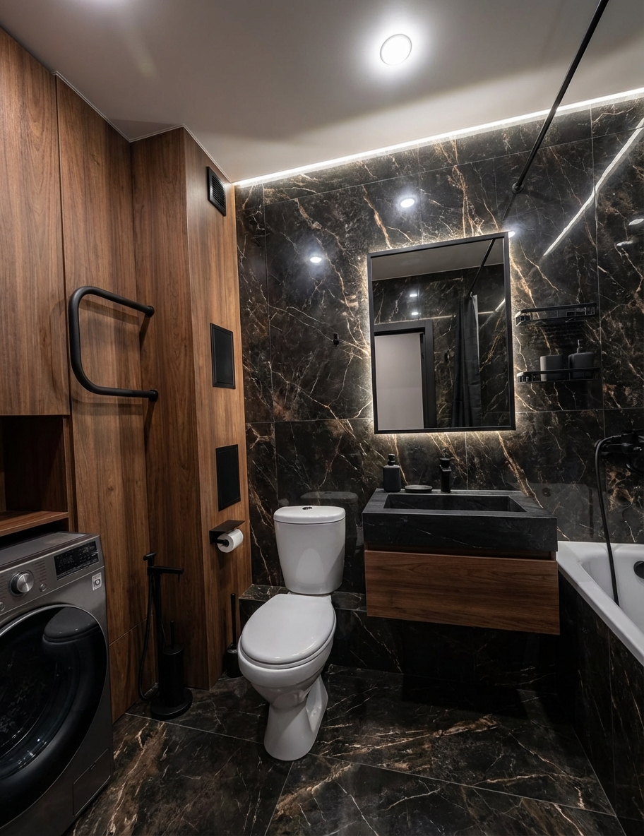 Дизайн ванной в стиле Блэктэк — фото интерьера от нейросети RoomGPT