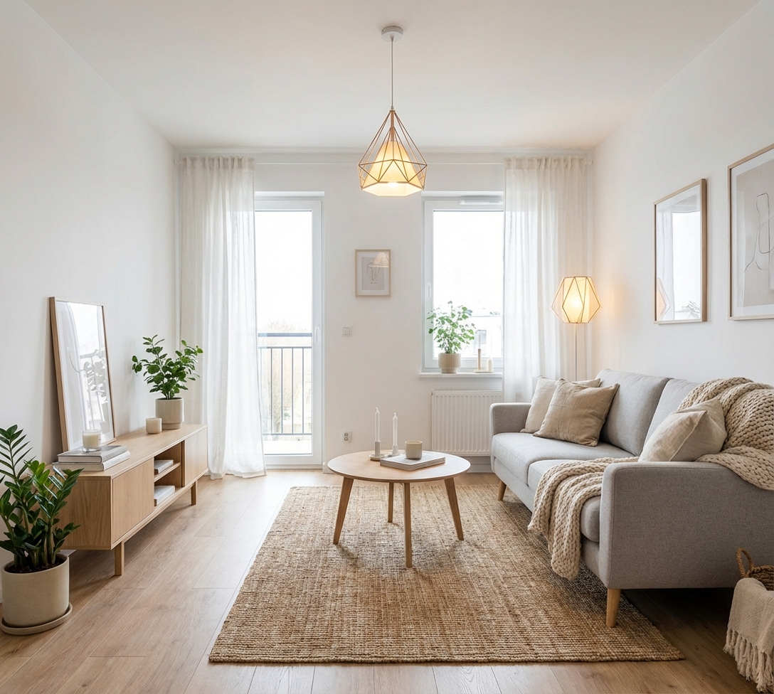 Дизайн гостиной в стиле Хюгге — фото интерьера от нейросети RoomGPT