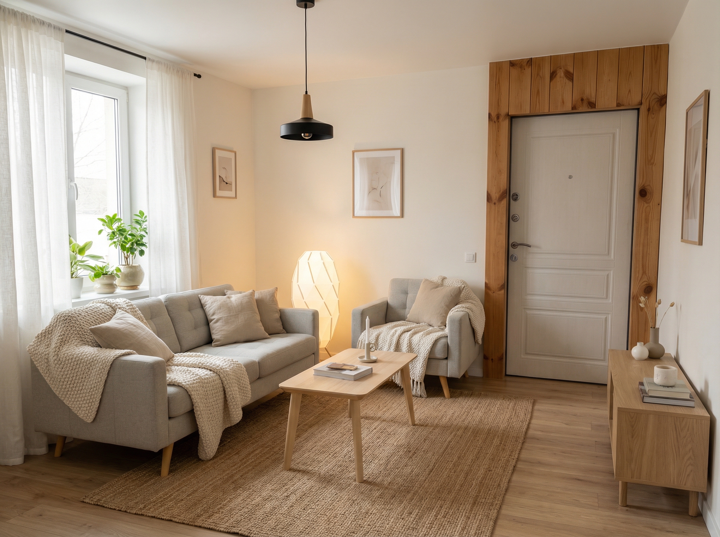 Дизайн гостиной в стиле Хюгге — фото интерьера от нейросети RoomGPT