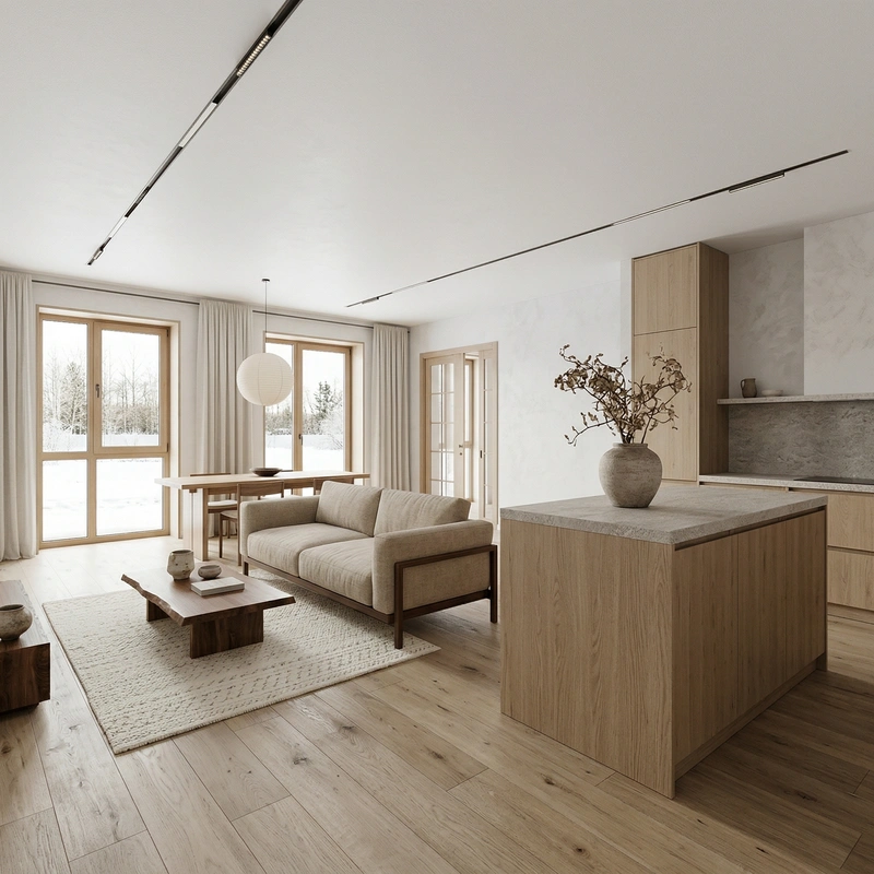 Дизайн гостиной в стиле Japandi — фото интерьера от нейросети RoomGPT