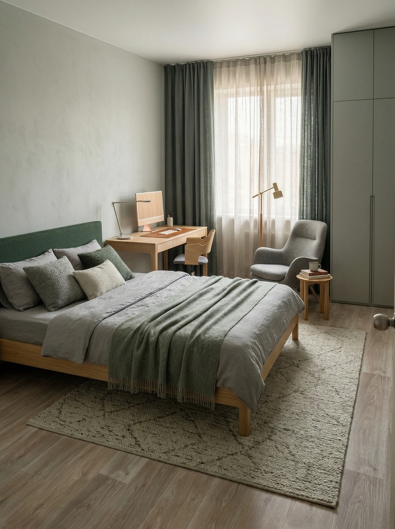 Дизайн спальни в стиле Хюгге — фото интерьера от нейросети RoomGPT