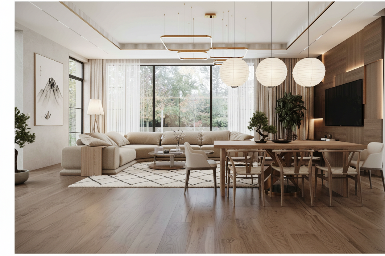 Дизайн гостиной в стиле Japandi — фото интерьера от нейросети RoomGPT