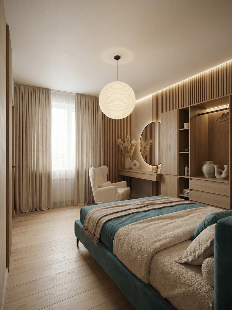 Дизайн спальни в стиле Japandi — фото интерьера от нейросети RoomGPT