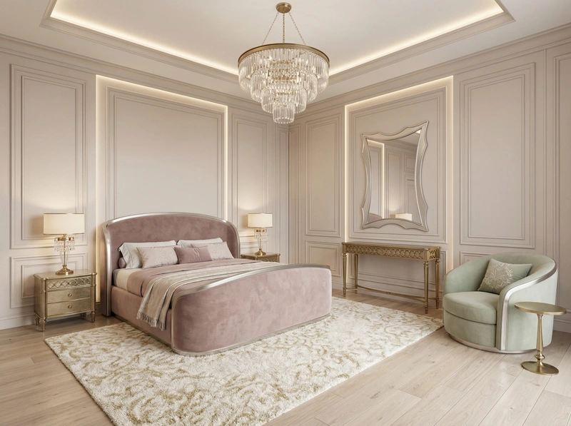 Дизайн спальни в стиле Неоклассика — фото интерьера от нейросети RoomGPT