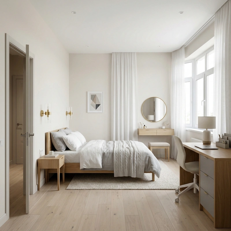 Дизайн спальни в стиле Сканди — фото интерьера от нейросети RoomGPT