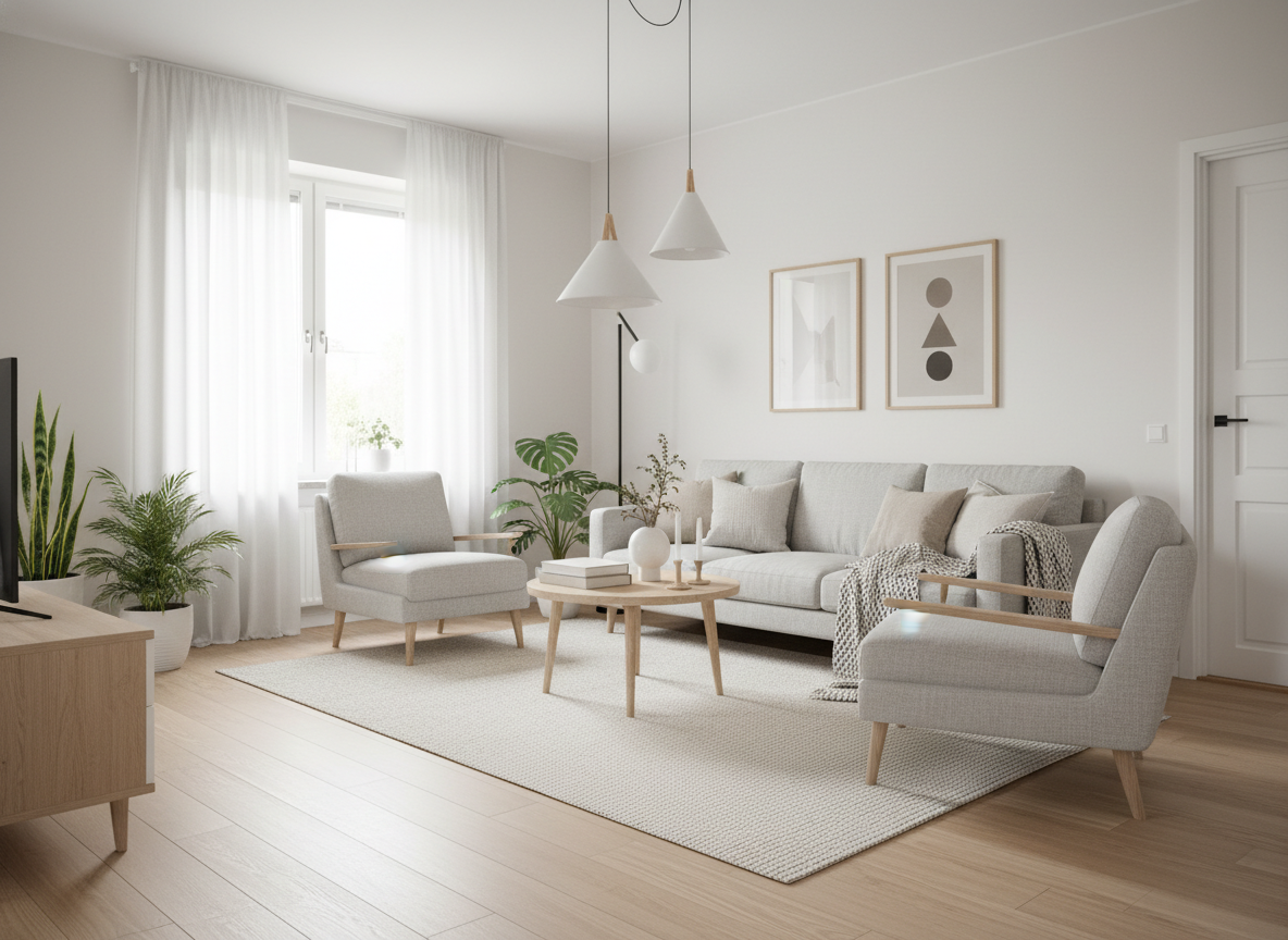 Дизайн гостиной в стиле Хюгге — фото интерьера от нейросети RoomGPT