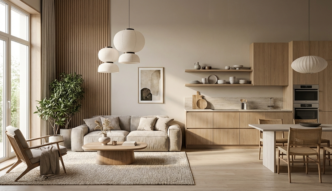 Дизайн гостиной в стиле Japandi — фото интерьера от нейросети RoomGPT