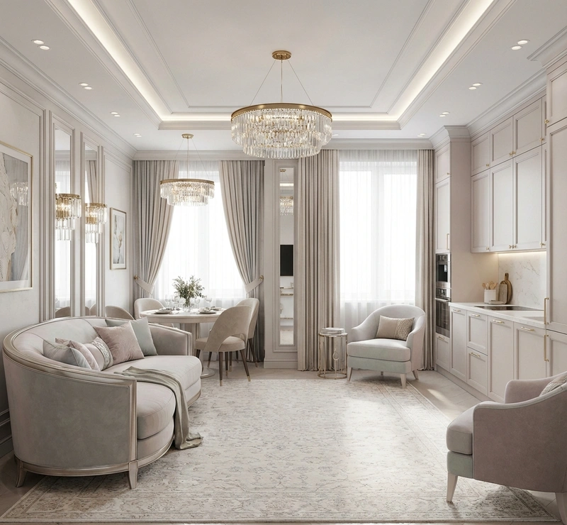Дизайн интерьера в стиле Неоклассика — Гостиная от нейросети RoomGPT