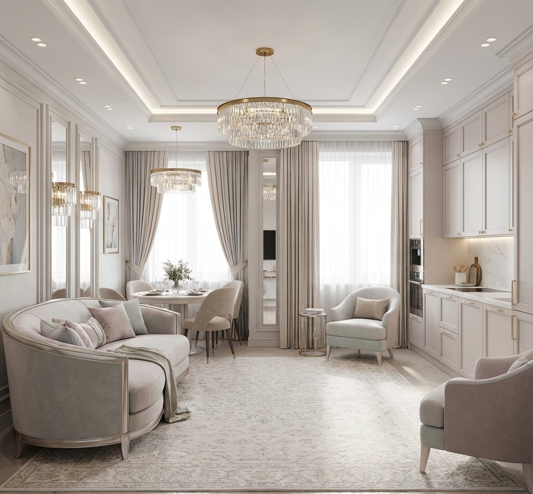 Дизайн гостиной в стиле Неоклассика — фото интерьера от нейросети RoomGPT