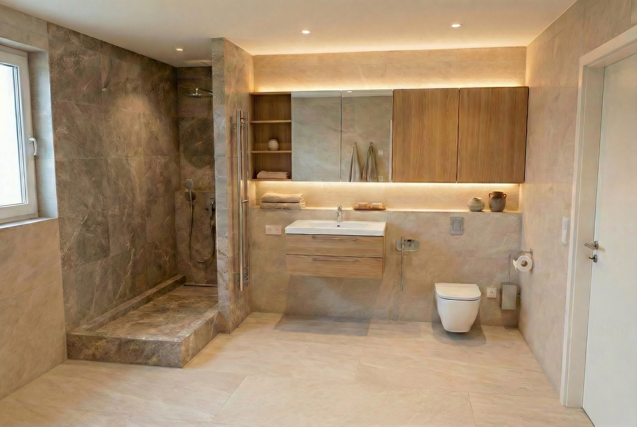 Дизайн ванной в стиле Japandi — фото интерьера от нейросети RoomGPT