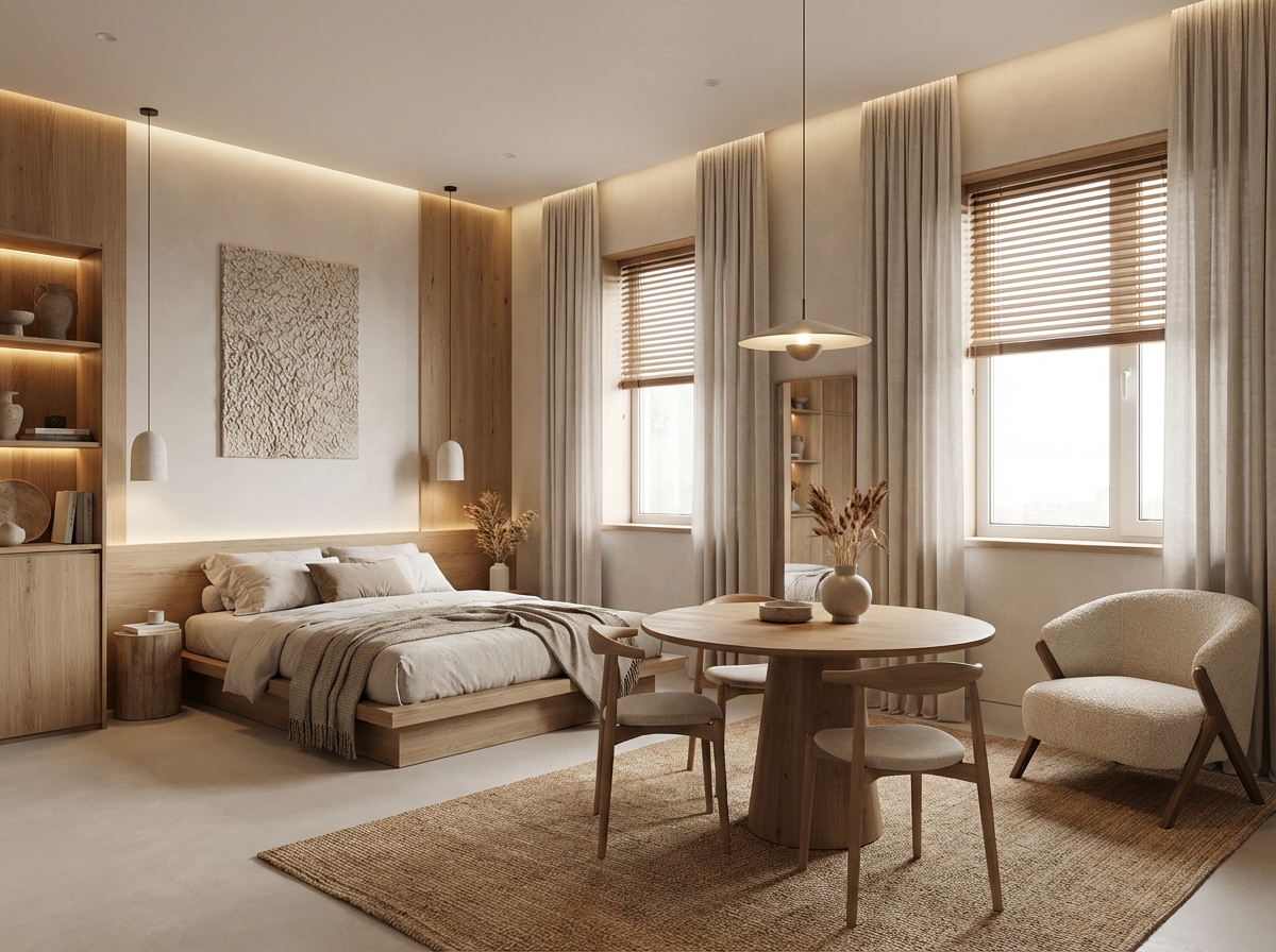 Дизайн гостиной в стиле Japandi — фото интерьера от нейросети RoomGPT