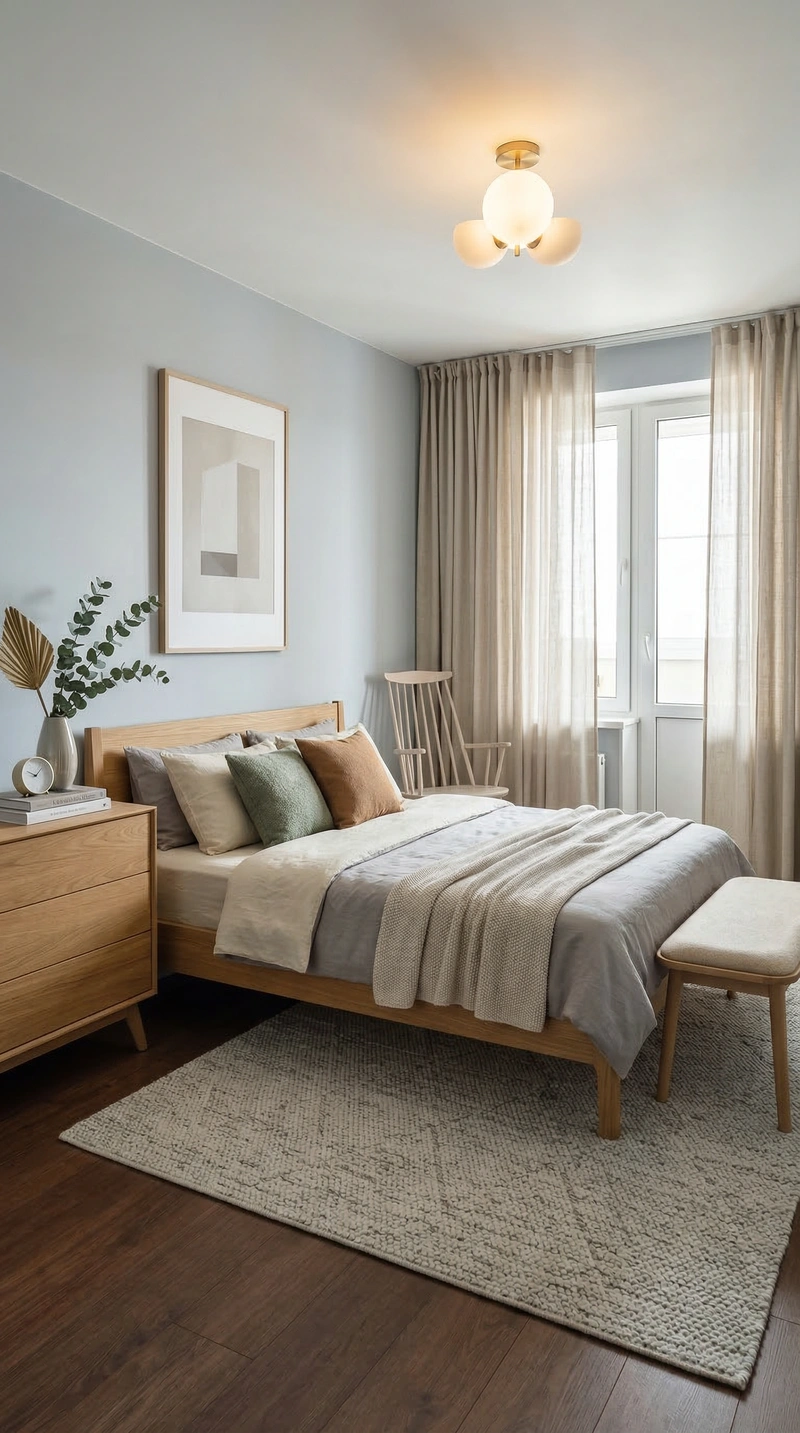 Дизайн спальни в стиле Сканди — фото интерьера от нейросети RoomGPT