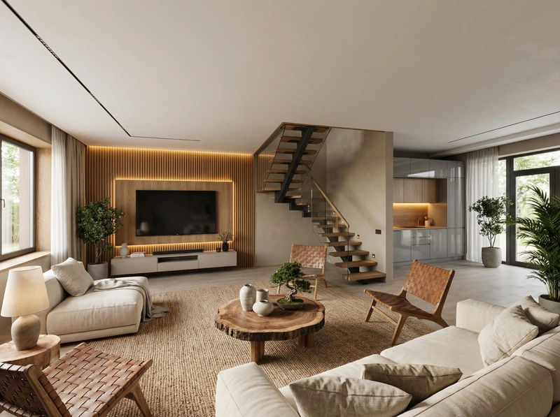 Дизайн гостиной в стиле Japandi — фото интерьера от нейросети RoomGPT