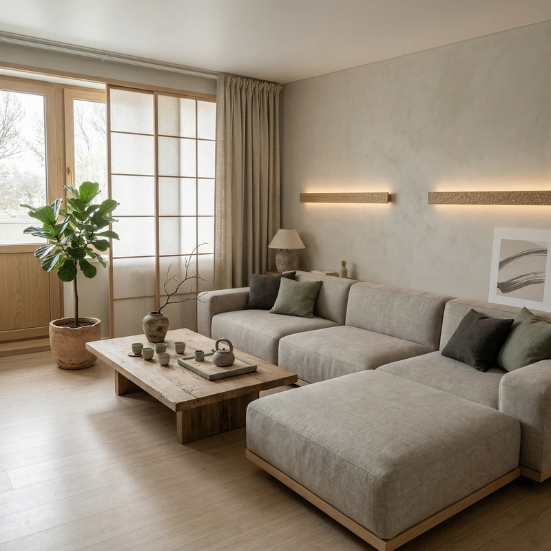 Дизайн гостиной в стиле Japandi — фото интерьера от нейросети RoomGPT