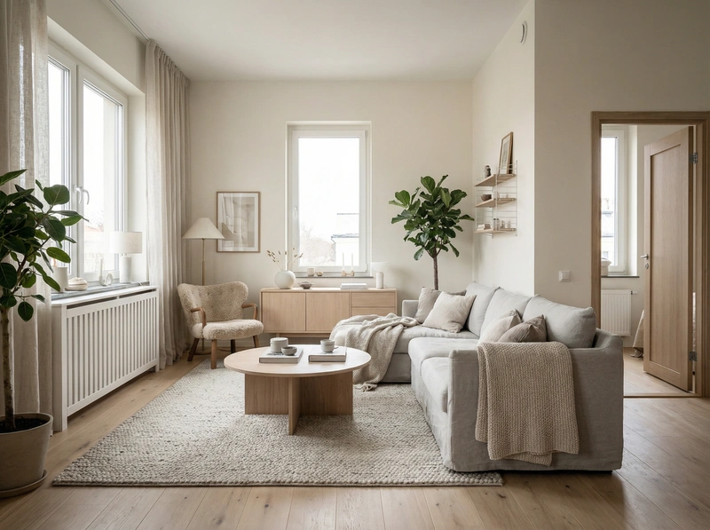 Дизайн гостиной в стиле Сканди — фото интерьера от нейросети RoomGPT