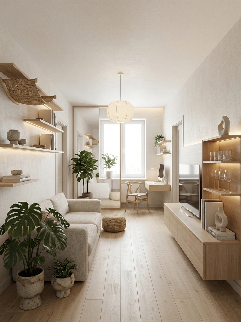 Дизайн гостиной в стиле Japandi — фото интерьера от нейросети RoomGPT