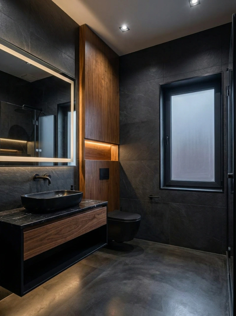 Дизайн ванной в стиле Блэктэк — фото интерьера от нейросети RoomGPT