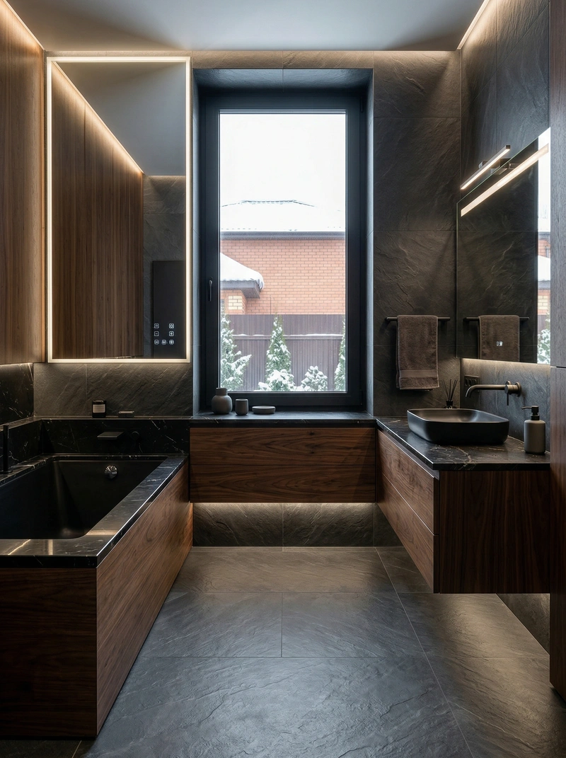 Дизайн ванной в стиле Блэктэк — фото интерьера от нейросети RoomGPT