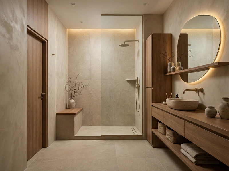Дизайн ванной в стиле Japandi — фото интерьера от нейросети RoomGPT