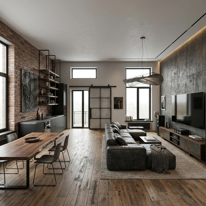 Дизайн гостиной в стиле Лофт — фото интерьера от нейросети RoomGPT