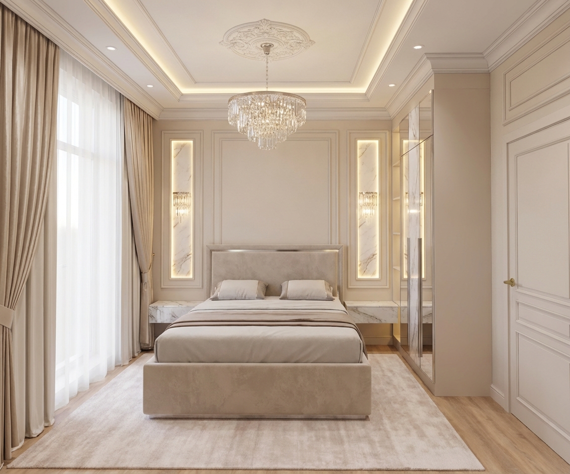 Дизайн спальни в стиле Классика — фото интерьера от нейросети RoomGPT