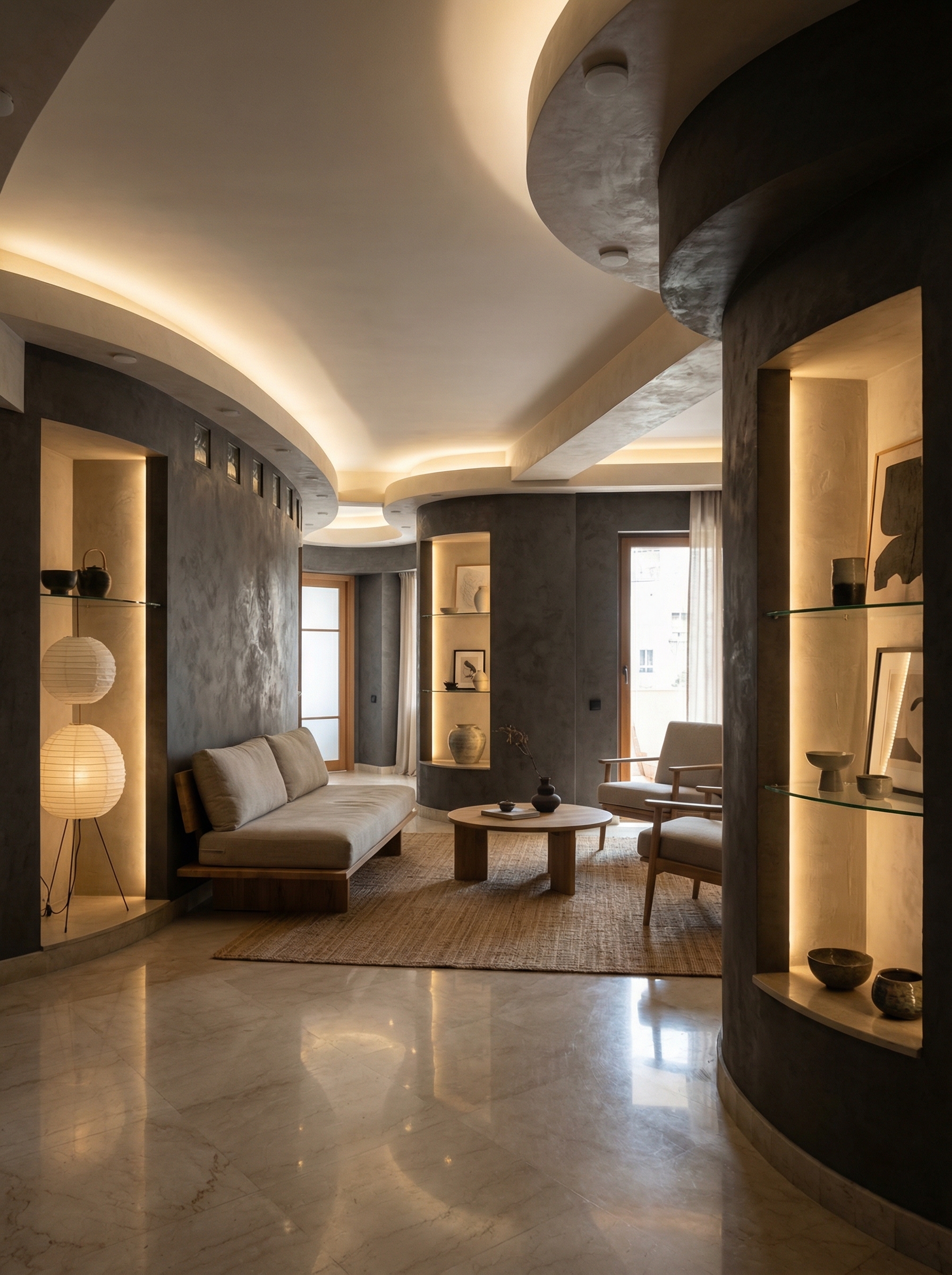 Дизайн гостиной в стиле Japandi — фото интерьера от нейросети RoomGPT