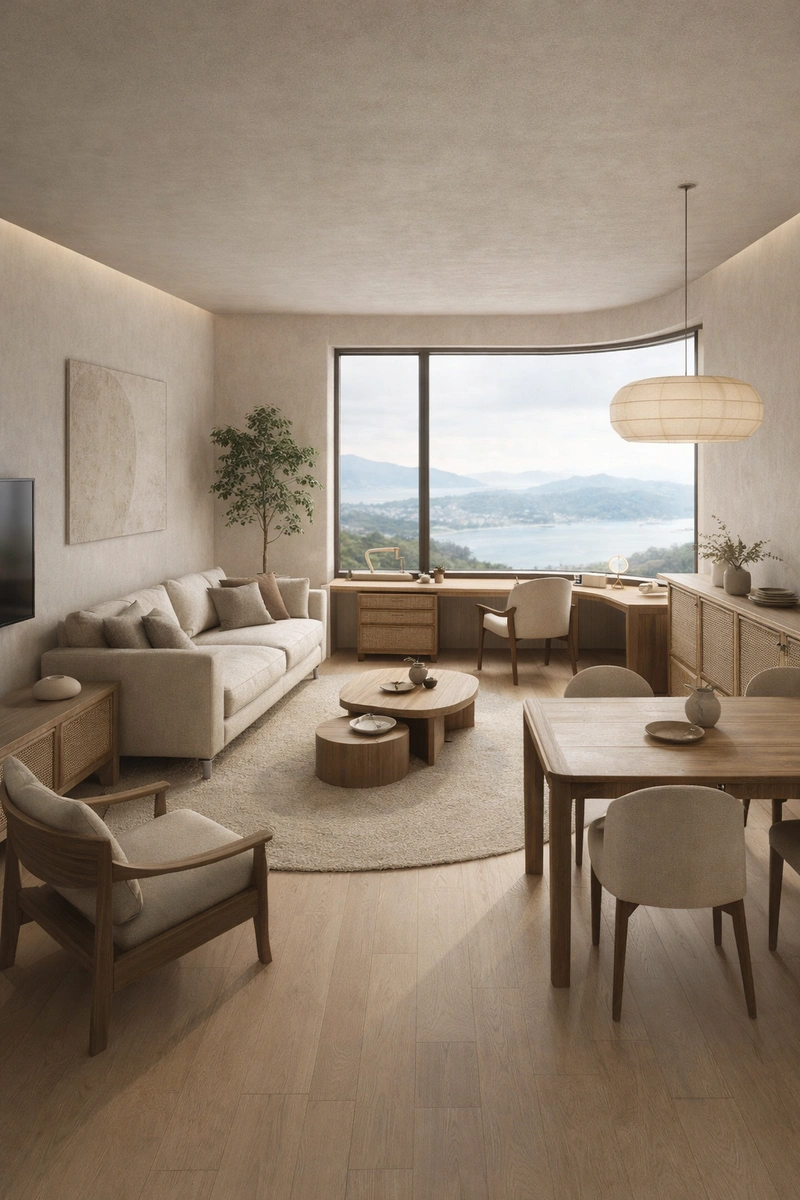 Дизайн гостиной в стиле Japandi — фото интерьера от нейросети RoomGPT