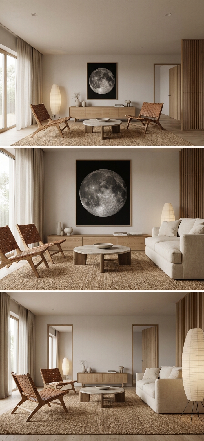 Дизайн гостиной в стиле Japandi — фото интерьера от нейросети RoomGPT