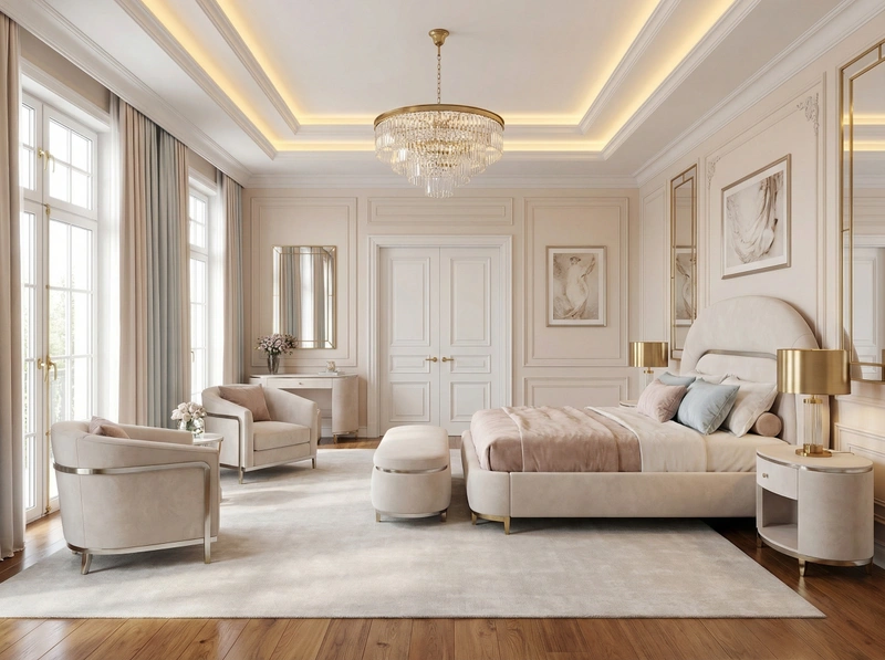 Дизайн спальни в стиле Неоклассика — фото интерьера от нейросети RoomGPT