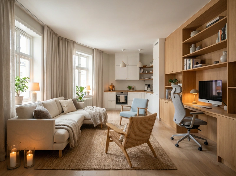 Дизайн гостиной в стиле Хюгге — фото интерьера от нейросети RoomGPT