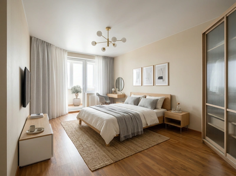 Дизайн спальни в стиле Сканди — фото интерьера от нейросети RoomGPT