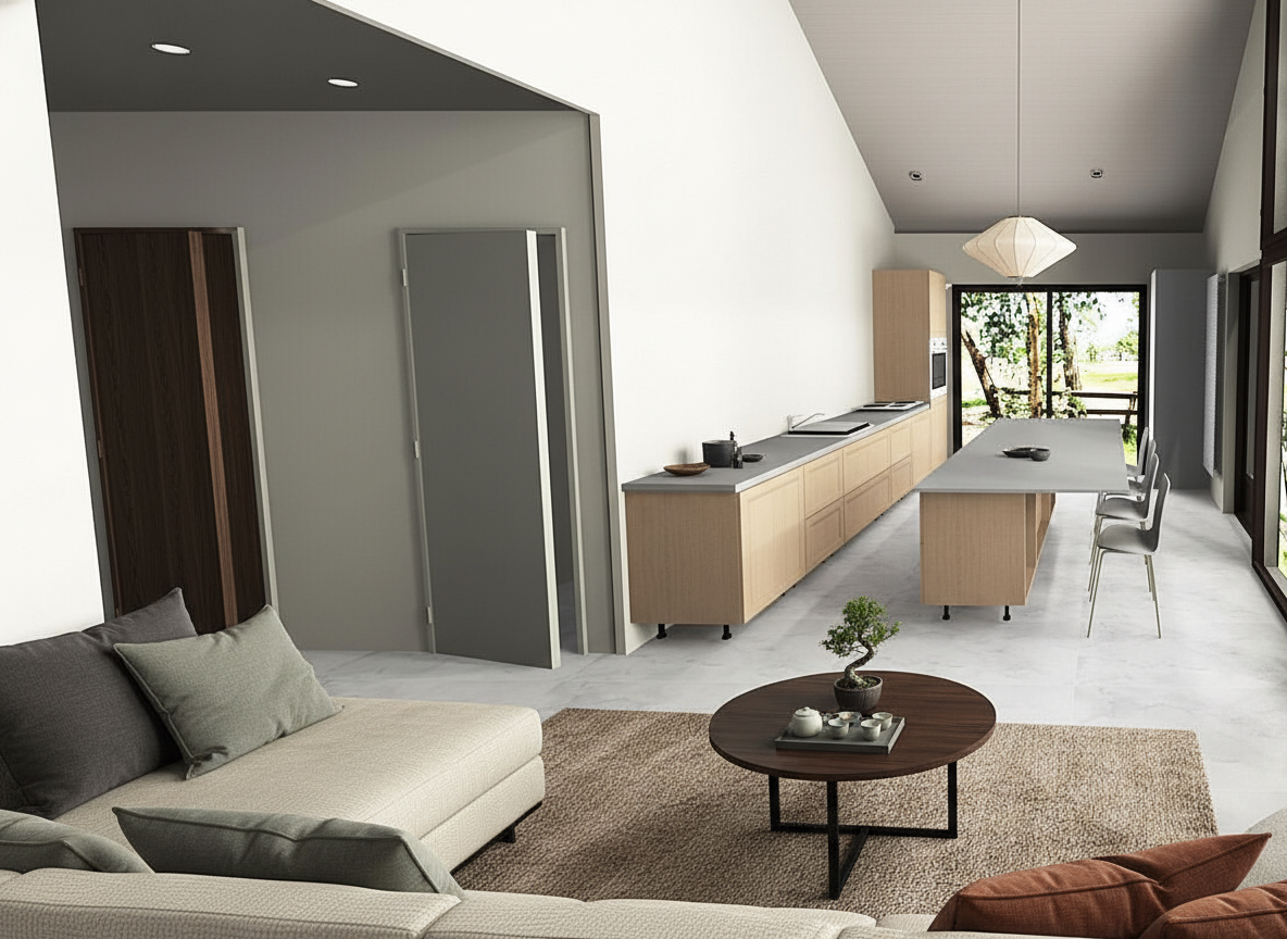 Дизайн гостиной в стиле Japandi — фото интерьера от нейросети RoomGPT