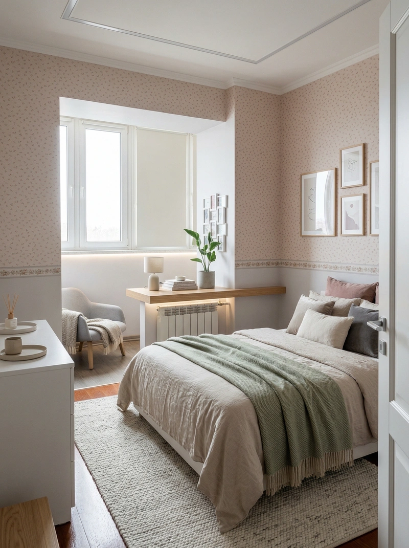 Дизайн спальни в стиле Сканди — фото интерьера от нейросети RoomGPT