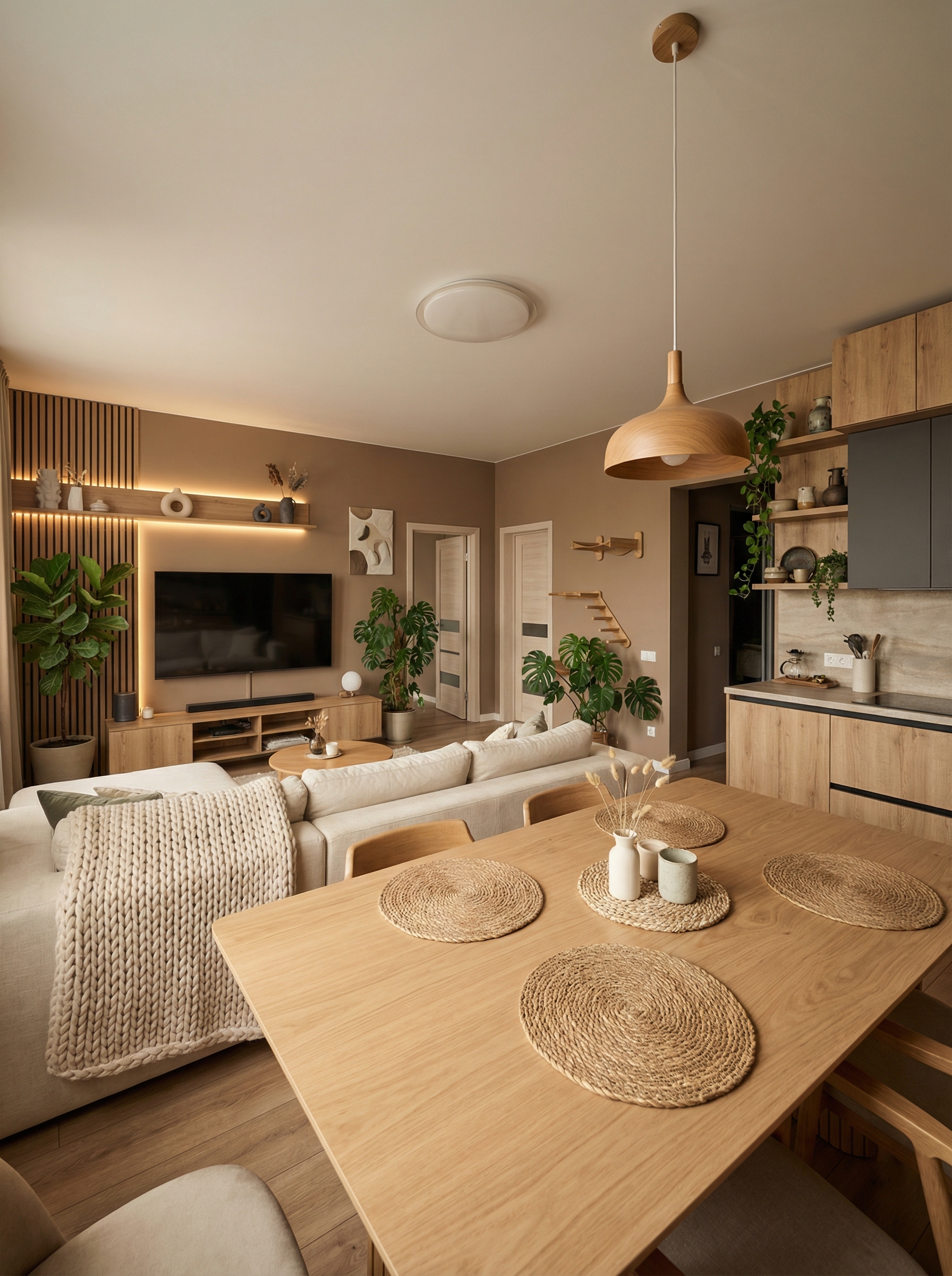 Дизайн гостиной в стиле Japandi — фото интерьера от нейросети RoomGPT