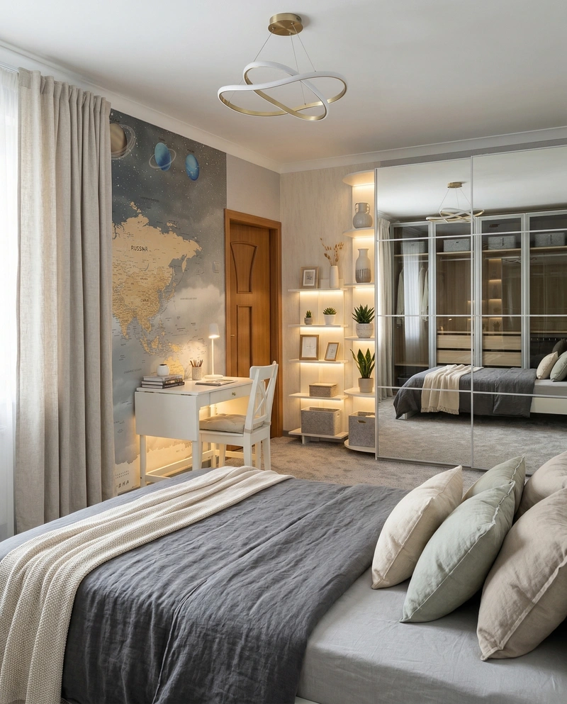 Дизайн спальни в стиле Сканди — фото интерьера от нейросети RoomGPT