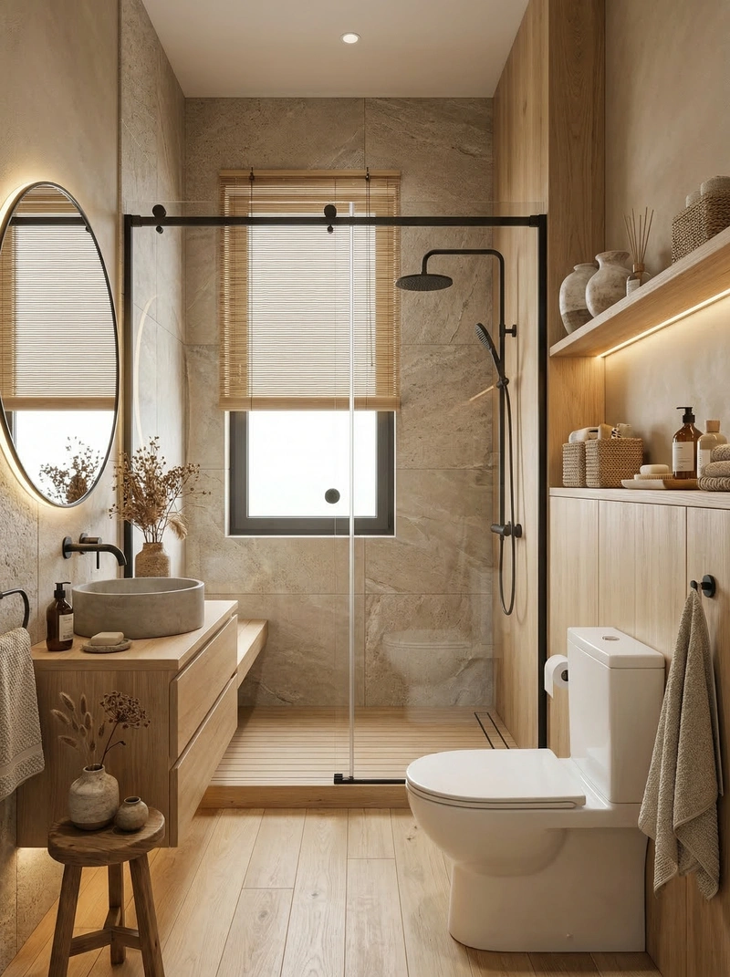 Дизайн ванной в стиле Japandi — фото интерьера от нейросети RoomGPT