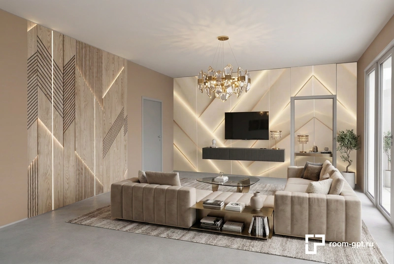 Дизайн интерьера в стиле Контемпорари — Гостиная от нейросети RoomGPT