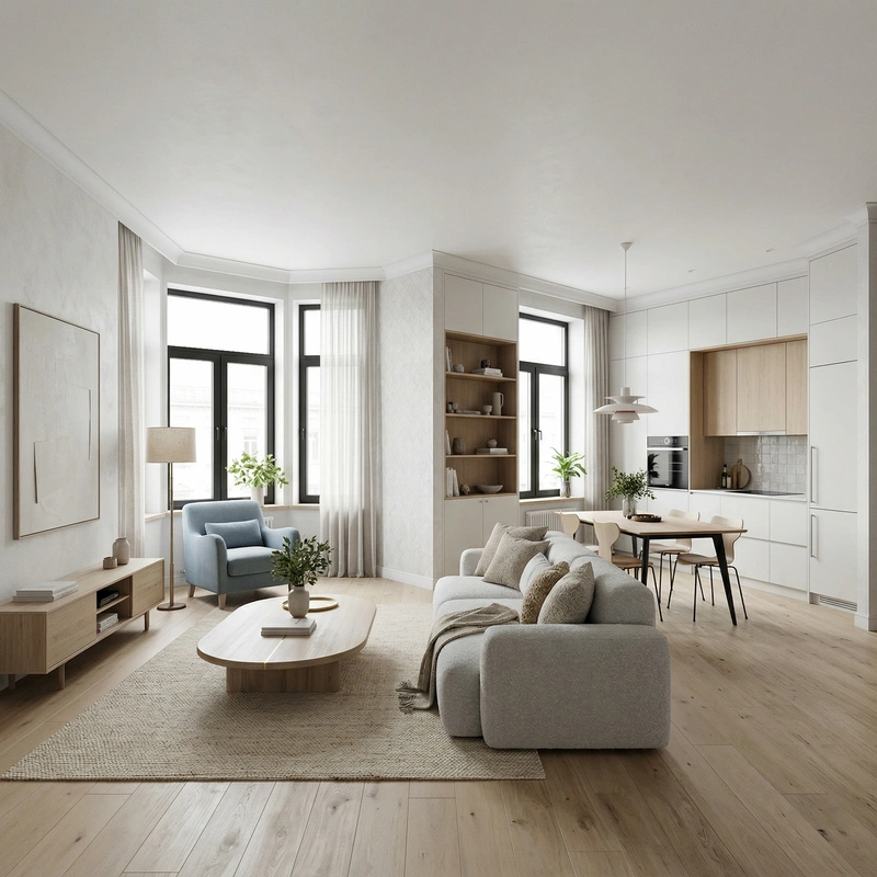 Дизайн гостиной в стиле Сканди — фото интерьера от нейросети RoomGPT